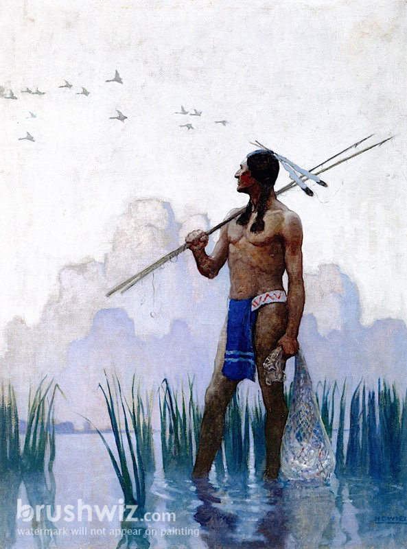 Indian Brave Fishing by Newell Convers Wyeth - Oil Painting Reproduction